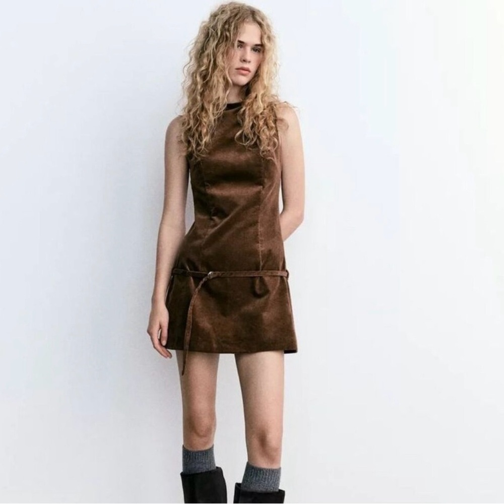 Zara belted corduroy brown dress